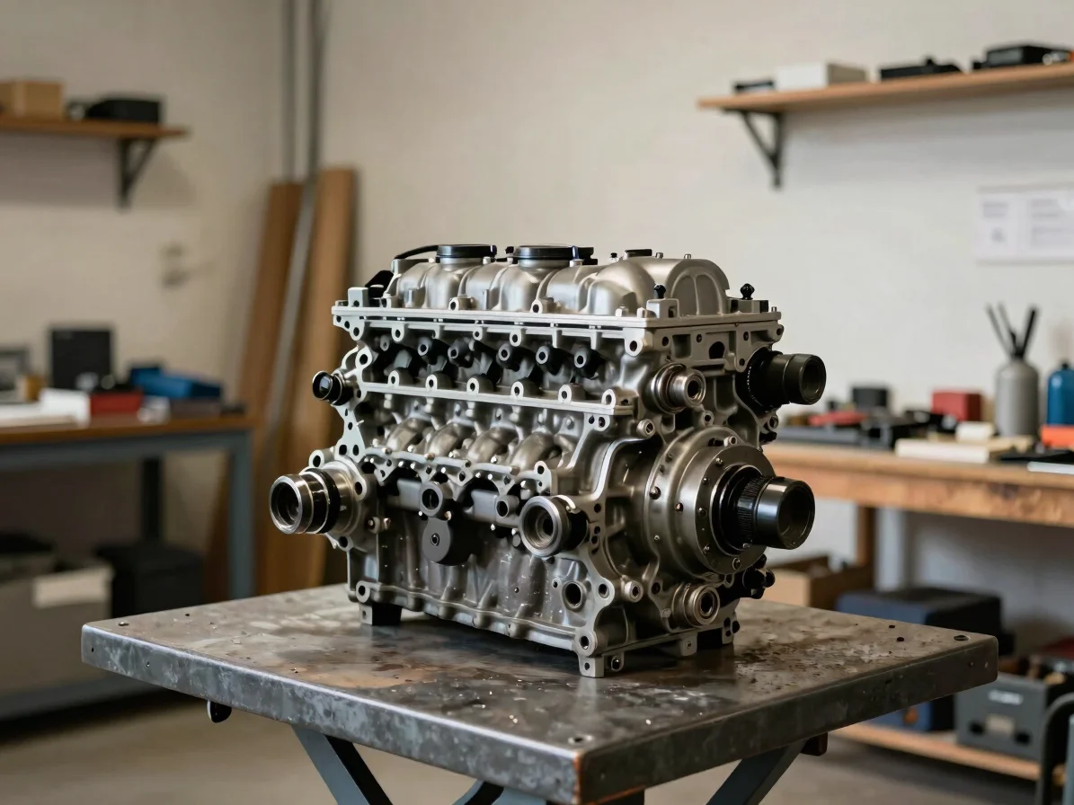Gros plan en lumière naturelle diffuse d’atelier sur une pièce de moteur air-cooled posée sur un établi en acier, détail