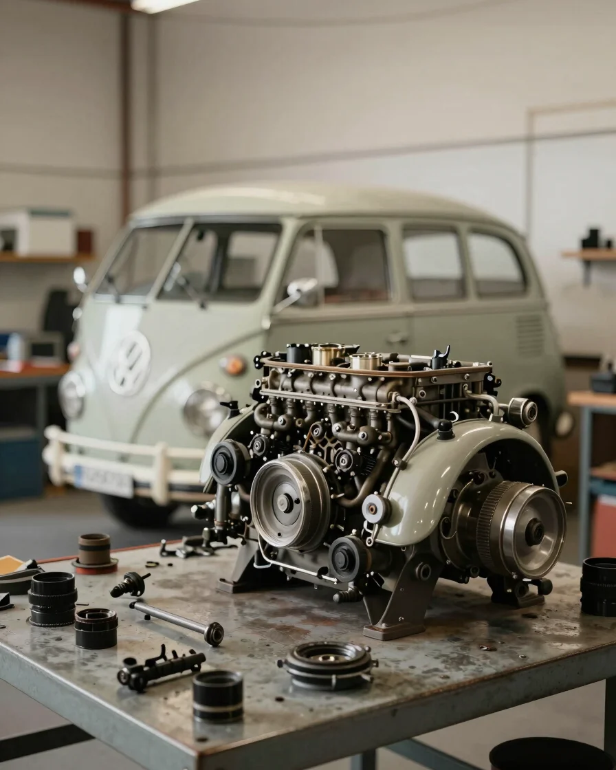 Gros plan net d'un moteur VW aircooled en atelier, pièces détaché